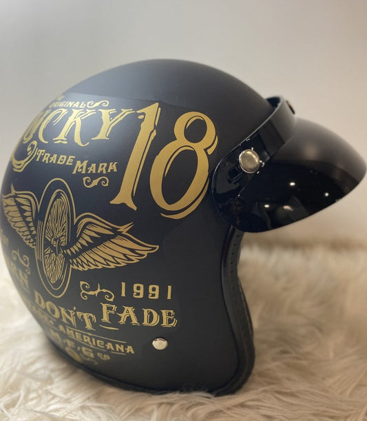 Lucky 18 Black 3/4 open face motorcycle helmet with removable visor